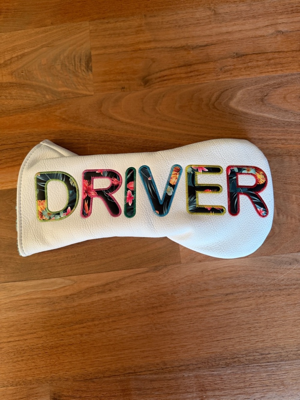 White Leather 'DRIVER' Golf Headcover with Floral Appliqué